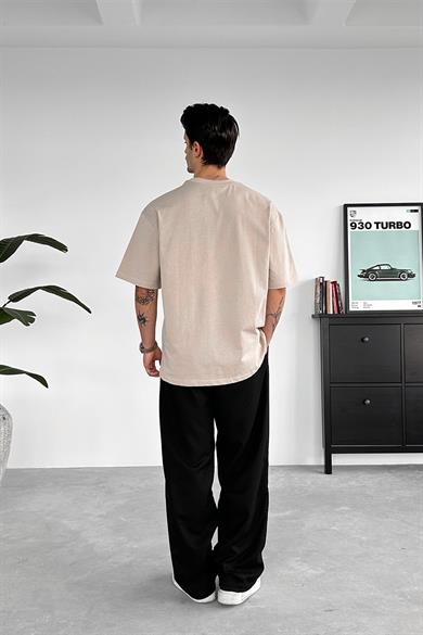 Bej Bisiklet Yaka Premium Basic Tişört