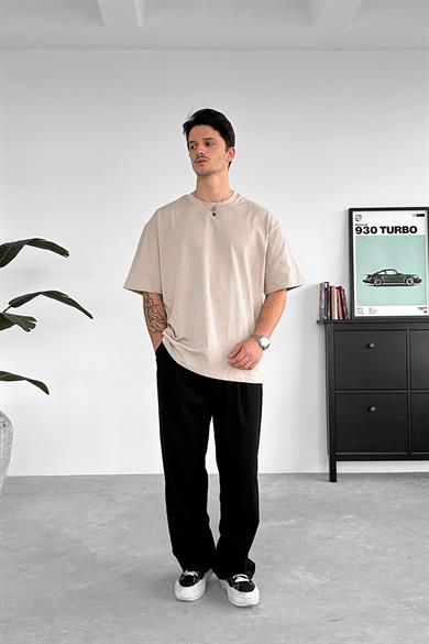 Bej Bisiklet Yaka Premium Basic Tişört