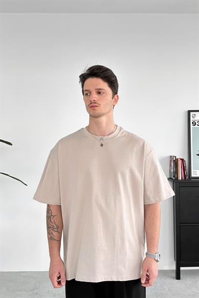 Bej Bisiklet Yaka Premium Basic Tişört