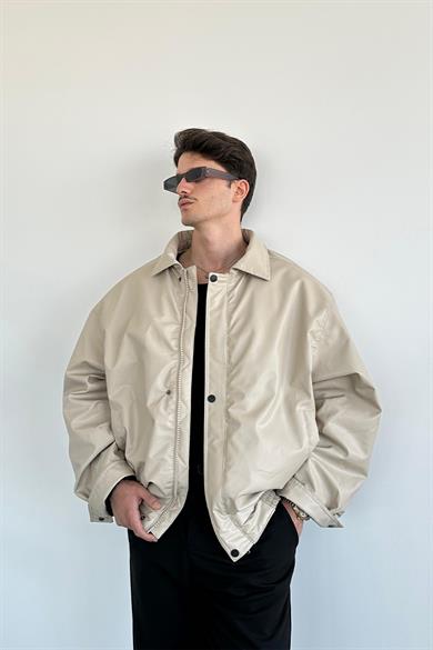 Bej Bomber Oversize Deri Ceket