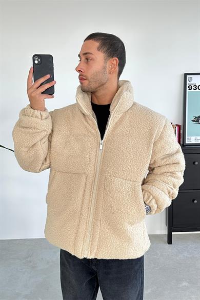 Bej Büyük Cepli Teddy Şişme Mont