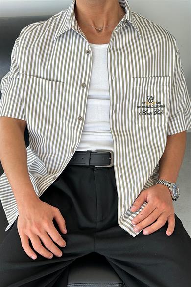 Bej Çizgili Los Angeles Nakış Oversize Gömlek