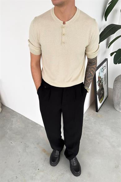 Bej Düğmeli Yaka Relaxed Triko Tişört