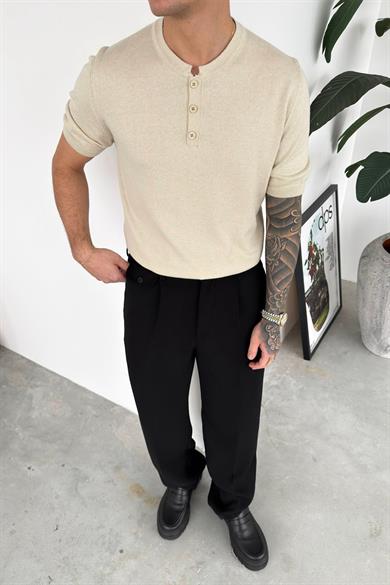 Bej Düğmeli Yaka Relaxed Triko Tişört