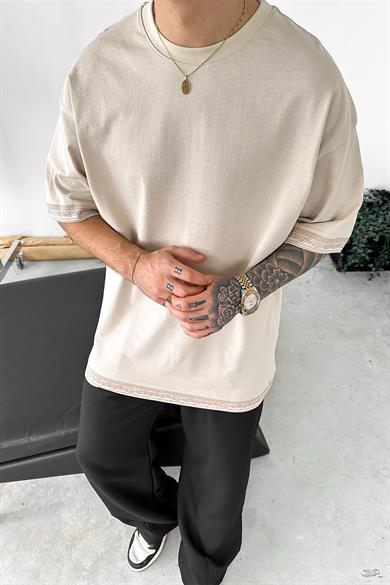 Bej Etnik Desenli Oversize Tişört