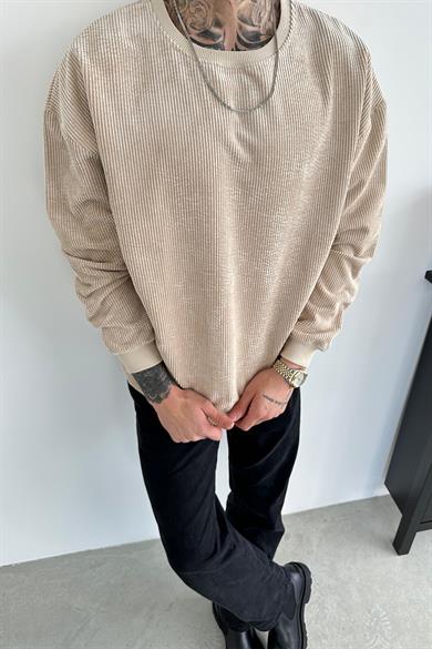 Bej Fitilli Kadife Basic Sweat