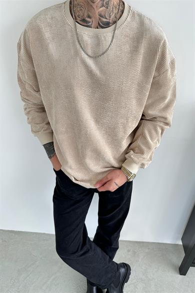 Bej Fitilli Kadife Basic Sweat