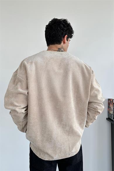 Bej Fitilli Kadife Basic Sweat