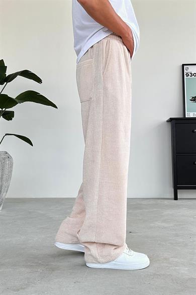 Bej Fitilli Kadife Kumaş Baggy Pantolon