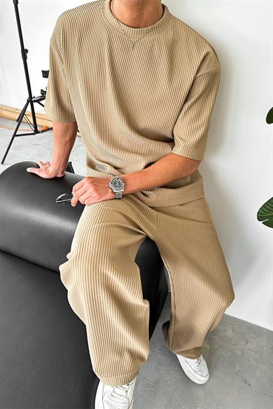 Bej Fitilli Oversize Tişört