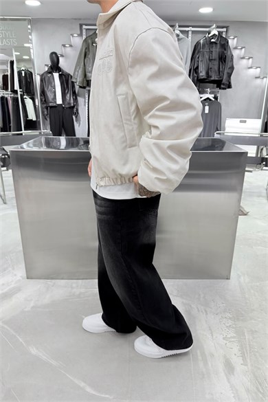 Bej Illusıon Nakışlı Oversize Deri Mont