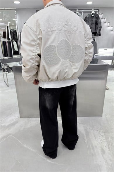 Bej Illusıon Nakışlı Oversize Deri Mont