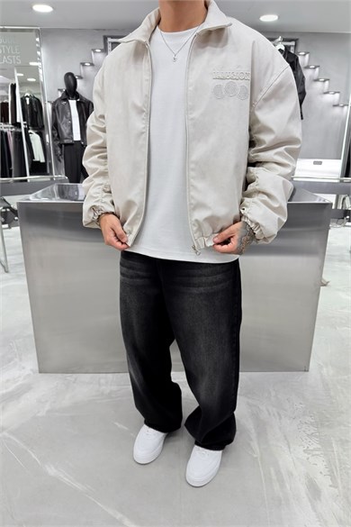 Bej Illusıon Nakışlı Oversize Deri Mont