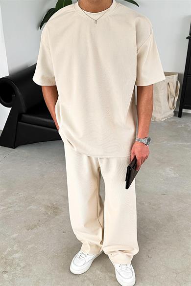 Bej İnce Fitilli Oversize Tişört