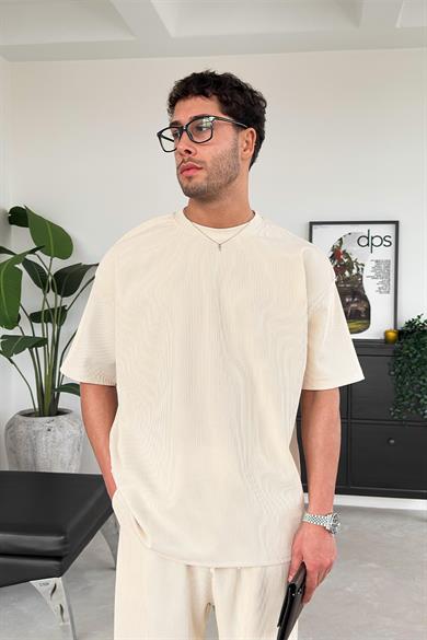 Bej İnce Fitilli Oversize Tişört