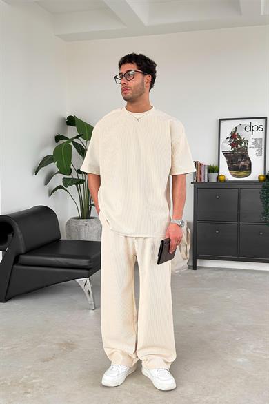 Bej İnce Fitilli Oversize Tişört