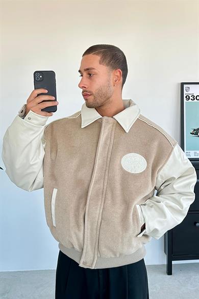 Bej Kaşe Oversize Bomber Ceket