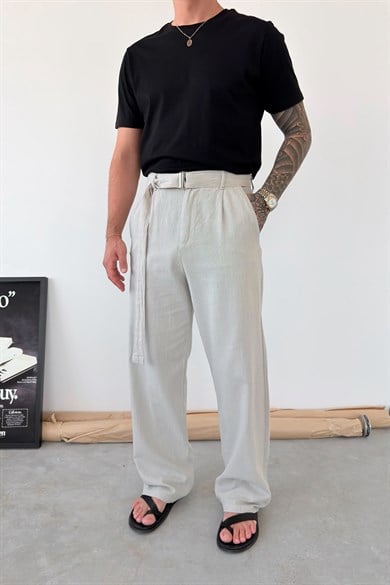 Bej Kemer Detaylı Baggy Keten Pantolon