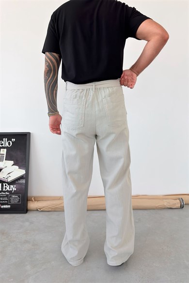 Bej Kemer Detaylı Baggy Keten Pantolon
