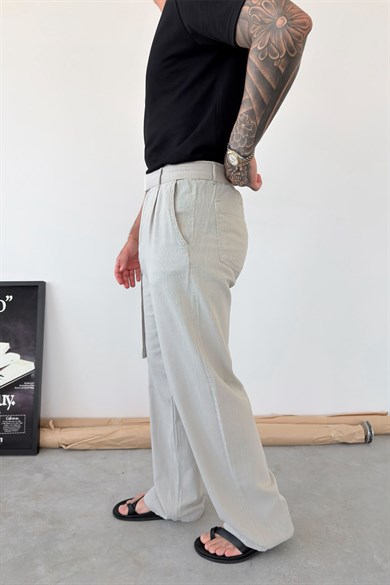 Bej Kemer Detaylı Baggy Keten Pantolon