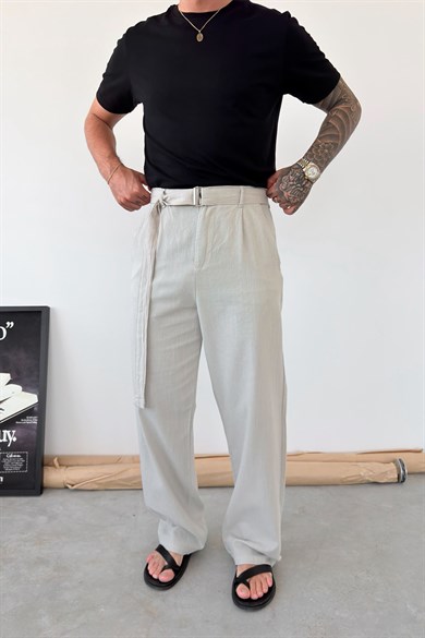 Bej Kemer Detaylı Baggy Keten Pantolon