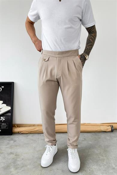 Bej Kemer Detaylı Regular Fit Kumaş Pantolon