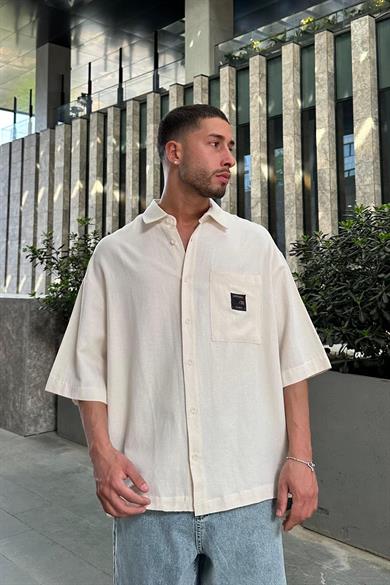 Bej Keten Ön Cep Nakış Detay S8 BS Oversize Gömlek