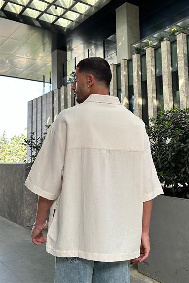 Bej Keten Ön Cep Nakış Detay S8 BS Oversize Gömlek