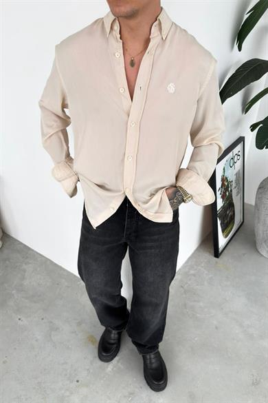 Bej Nakışlı Oversize Modal Gömlek