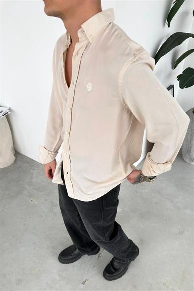 Bej Nakışlı Oversize Modal Gömlek
