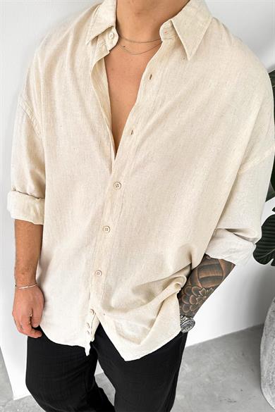Bej Old Money Basic Keten Oversize Gömlek