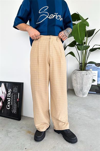 Bej Old Money Pileli Ekose Baggy Pantolon