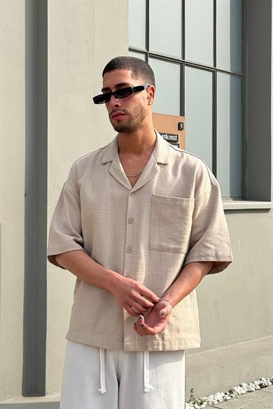 Bej Ön Cepli 050 MH Oversize Keten Gömlek