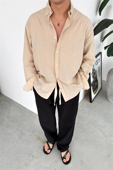 Bej Oversize Fresh Keten Gömlek