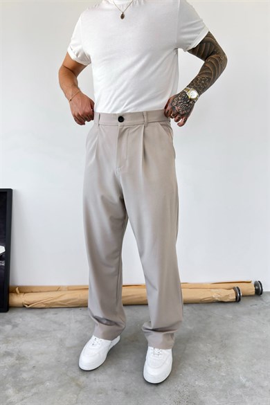 Bej Pileli Baggy Fit Kumaş Pantolon