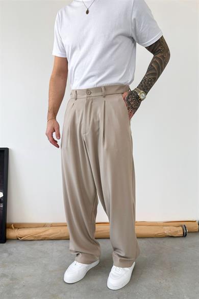 Bej Pileli Baggy Kumaş Pantolon