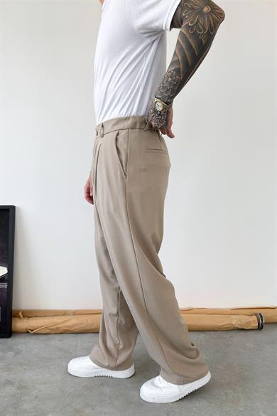 Bej Pileli Baggy Kumaş Pantolon