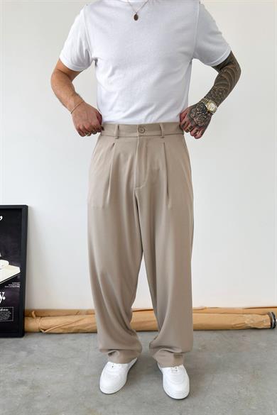 Bej Pileli Baggy Kumaş Pantolon