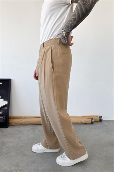 Bej Pileli Modal Kumaş Baggy Pantolon