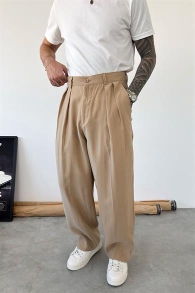 Bej Pileli Modal Kumaş Baggy Pantolon