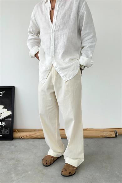 Bej Premium Baggy Keten Pantolon