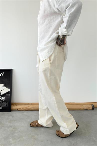 Bej Premium Baggy Keten Pantolon