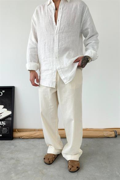 Bej Premium Baggy Keten Pantolon