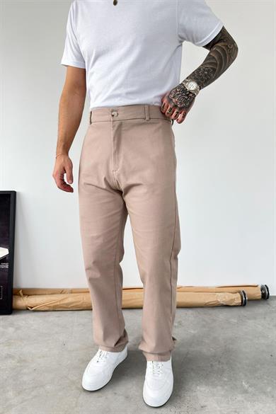 Bej Premium Dokulu Baggy Kumaş Pantolon