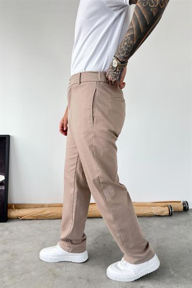 Bej Premium Dokulu Baggy Kumaş Pantolon
