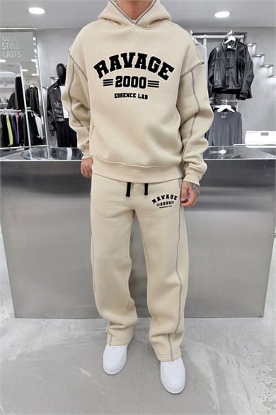 Bej Ravage Nakışlı Oversize Eşofman Takımı