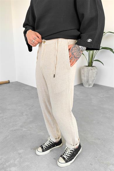 Bej Regular Keten Pantolon