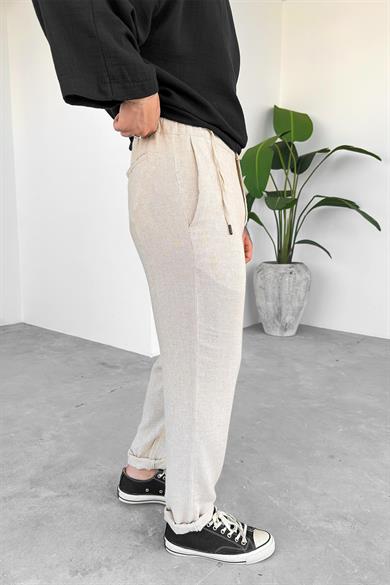 Bej Regular Keten Pantolon
