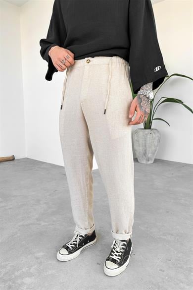 Bej Regular Keten Pantolon