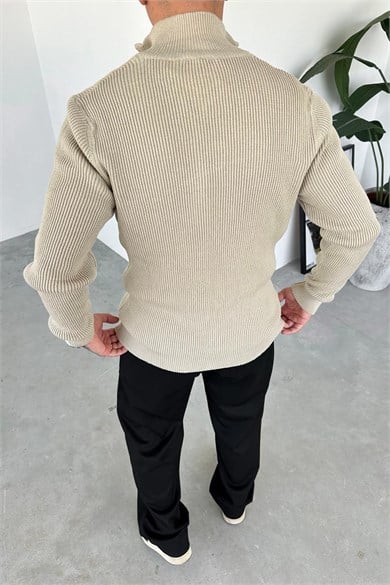 Bej Tam Fermuarlı Basic Örgü Triko Kazak